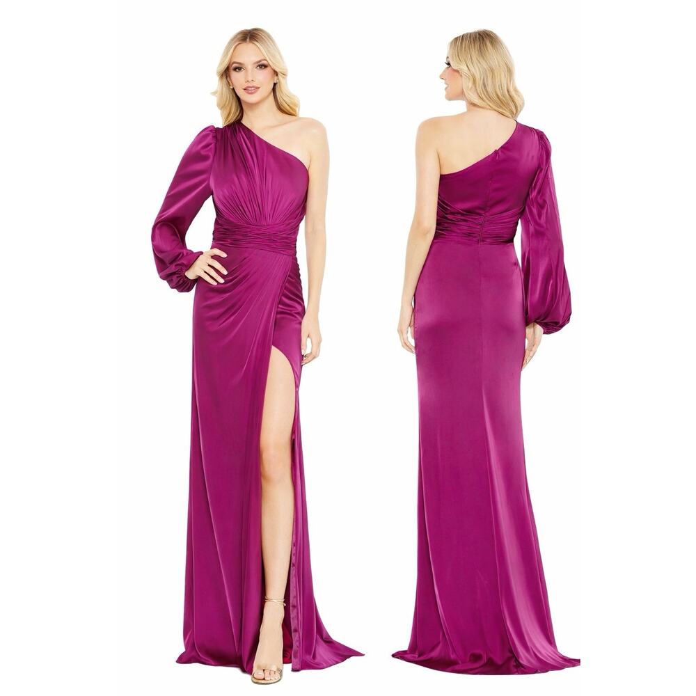 Mac Duggal 11688 Fuchsia Satin Ruched One Shoulder Gown Size 6 $398